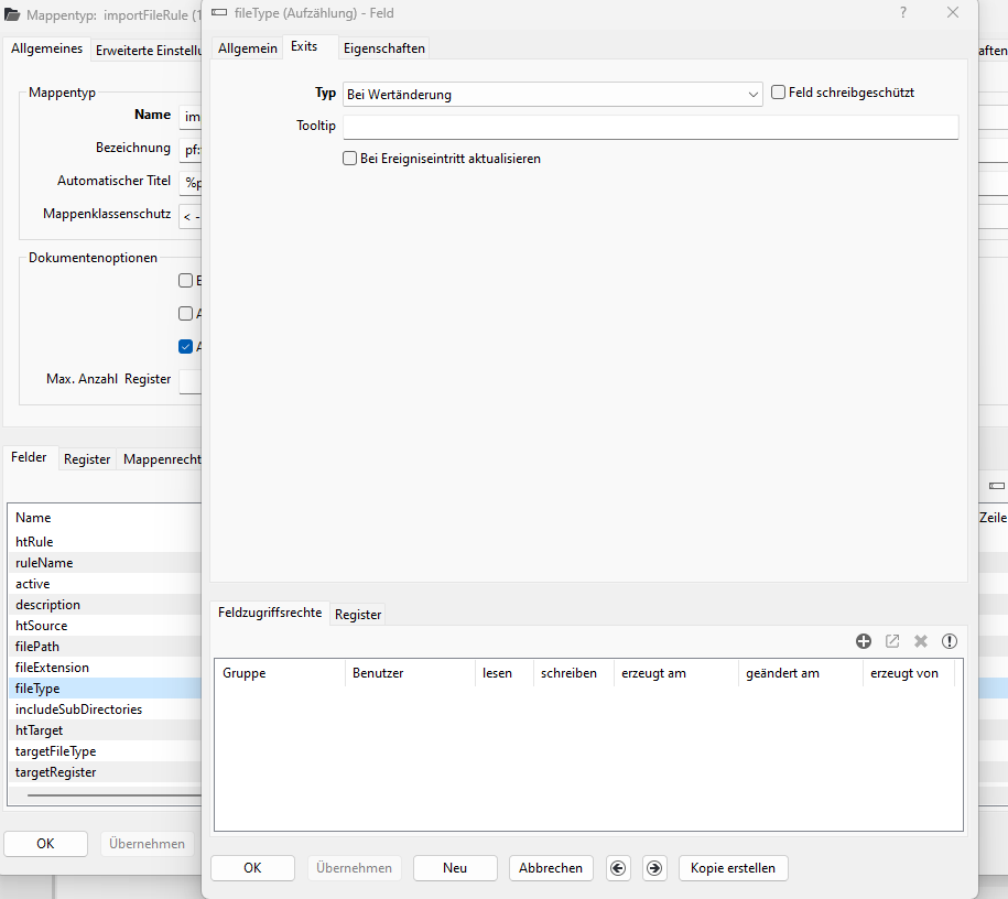 Import File Rule - Feld fileType Tab Exit fileTypeImportFileRuleExit